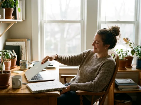 Ad creative — freelance designer closes her laptop, satisfied